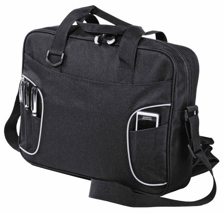 Durable laptop bag with padded compartment, pockets for accessories, adjustable strap, and reflective details for professionals.