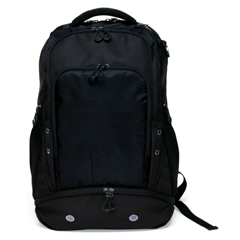 Durable Grid-Lock Backpack with multiple compartments, padded laptop sleeve, and shoe pocket, ideal for athletes and commuters.