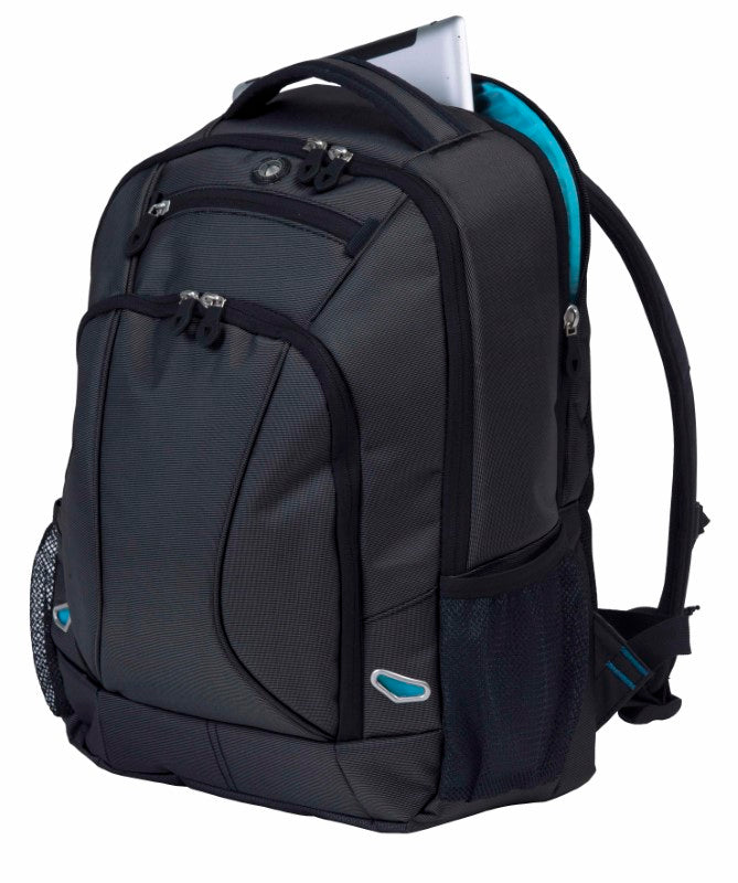 Stylish two-tone Identity Compu Backpack with padded laptop compartment, MP3 pocket, and dual drink pockets, perfect for travel.