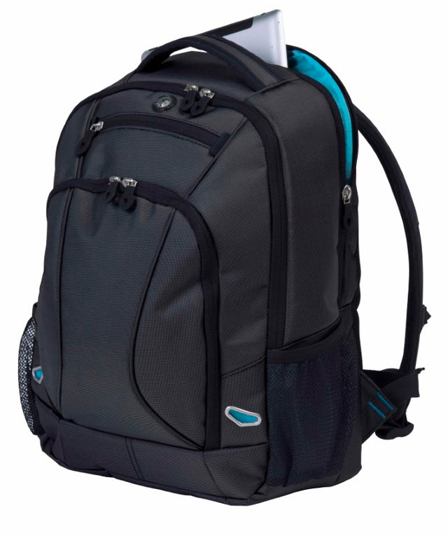Stylish two-tone Identity Compu Backpack with padded laptop compartment, MP3 pocket, and dual drink pockets, perfect for travel.