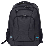 Identity Compu Backpack in two-tone durable nylon with laptop compartment, MP3 pocket, and mesh-backed straps for comfort.