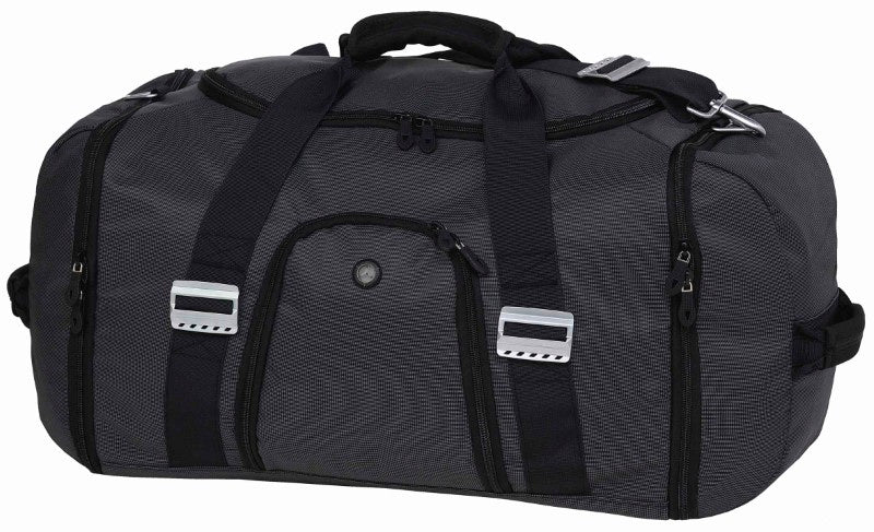 Durable Identity Overnight Bag with spacious compartments, stylish design, and music pocket for travelers.