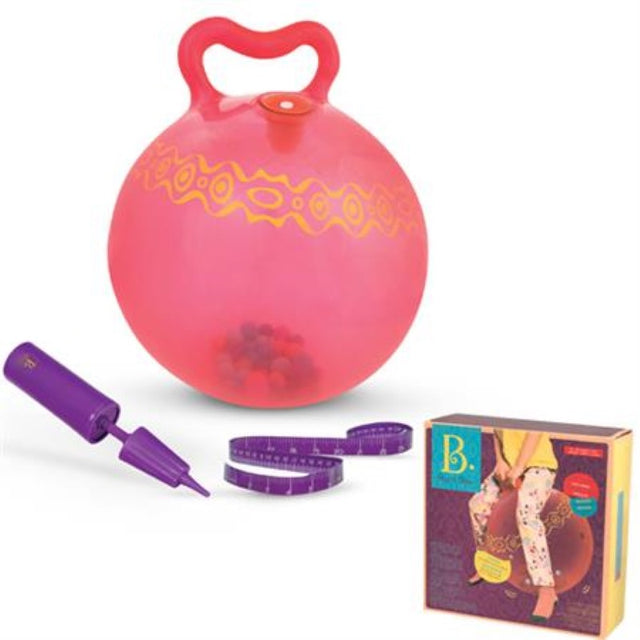 Red translucent hopping ball with handle, lights up while bouncing, promotes activity and balance for kids aged 3 and up.