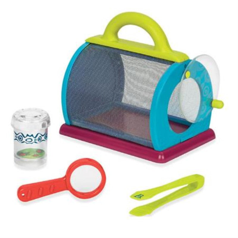 A colorful bug exploration kit for kids featuring a screened hut, tweezers, magnifying glass, and observation jar.