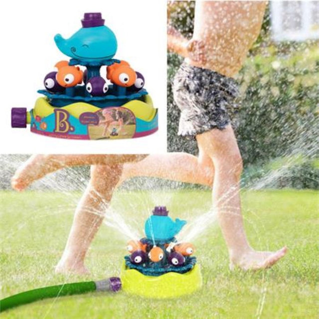 Colorful B. Whirly Whale sprinkler sprays water from charming fishies, perfect for summer fun and active play for kids aged 2+.