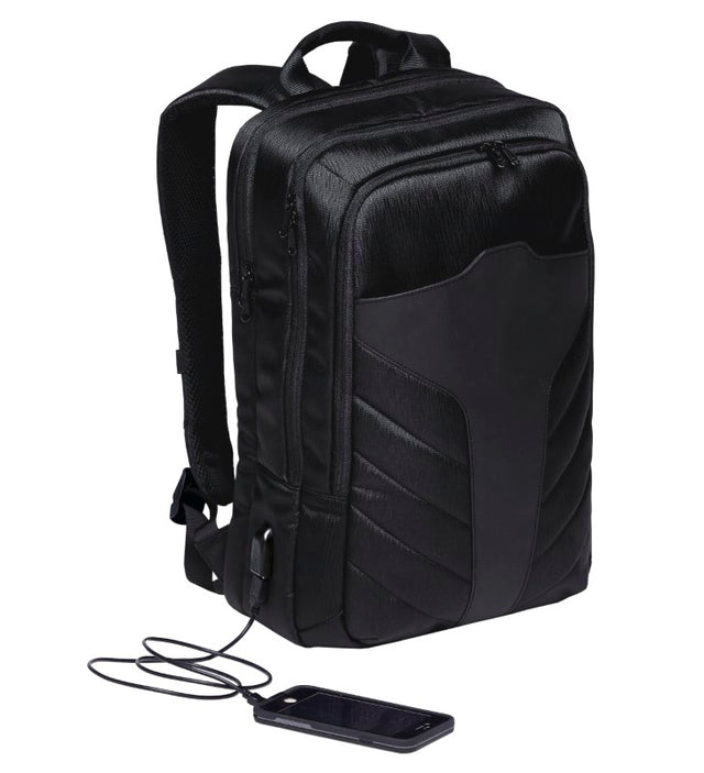 Stylish Portal Compu Backpack with padded compartments, USB charging port, and water-resistant fabric for tech travel.
