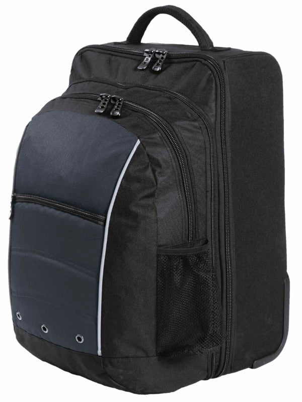Durable Transit Travel Bag with detachable laptop backpack, large clamshell opening, and inline skate wheels for easy maneuvering.