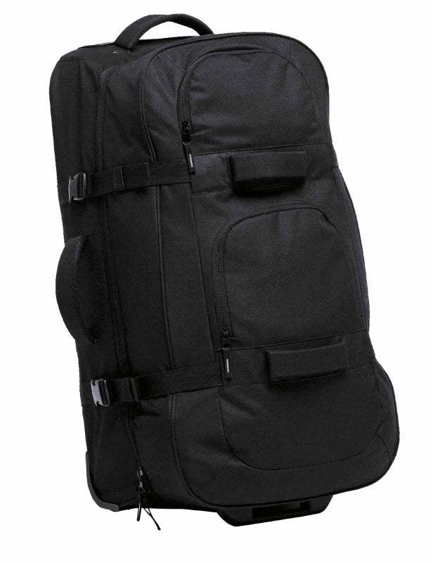 Durable 84L travel bag with telescopic handle, multiple compartments, and reinforced base for organized adventures.