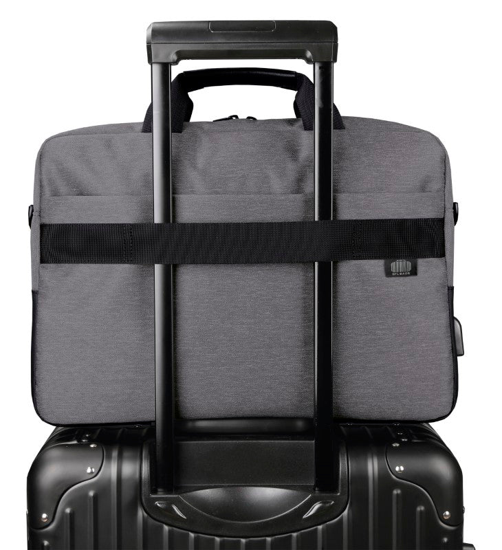Sleek black laptop bag with USB port, padded compartments for laptops and tablets, and adjustable shoulder strap.
