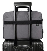 Sleek black laptop bag with USB port, padded compartments for laptops and tablets, and adjustable shoulder strap.