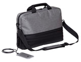 Sleek, water-resistant laptop bag with USB port, padded compartments for dual laptops, and detachable shoulder strap.