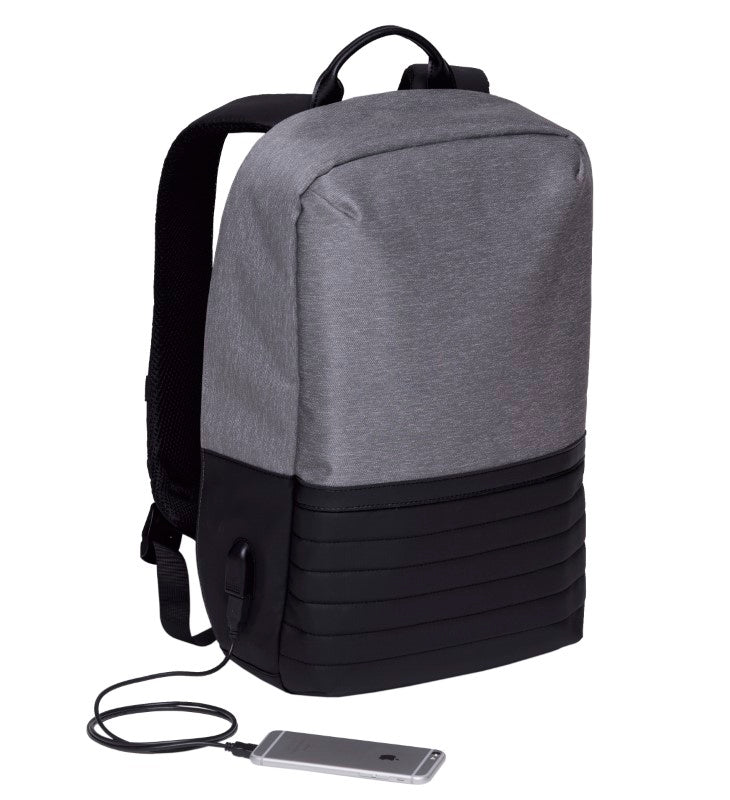 Durable wired laptop backpack with USB charger, padded compartments, and security pocket, ideal for travel and daily use.