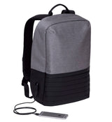 Durable wired laptop backpack with USB charger, padded compartments, and security pocket, ideal for travel and daily use.