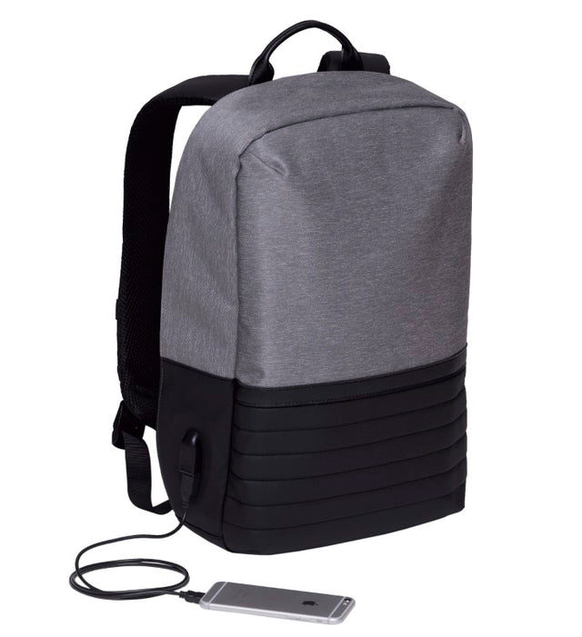 Durable wired laptop backpack with USB charger, padded compartments, and security pocket, ideal for travel and daily use.