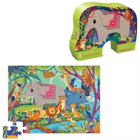 Bright, jungle-themed 36-piece puzzle featuring elephants, tigers, and monkeys, designed for toddlers' hands.