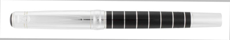 Elegant twist-action roller ball pen with Italian black resin and silver accents, perfect gift in a Cutter & Buck box.
