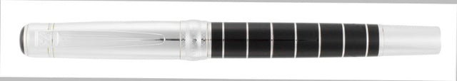 Elegant twist-action roller ball pen with Italian black resin and silver accents, perfect gift in a Cutter & Buck box.