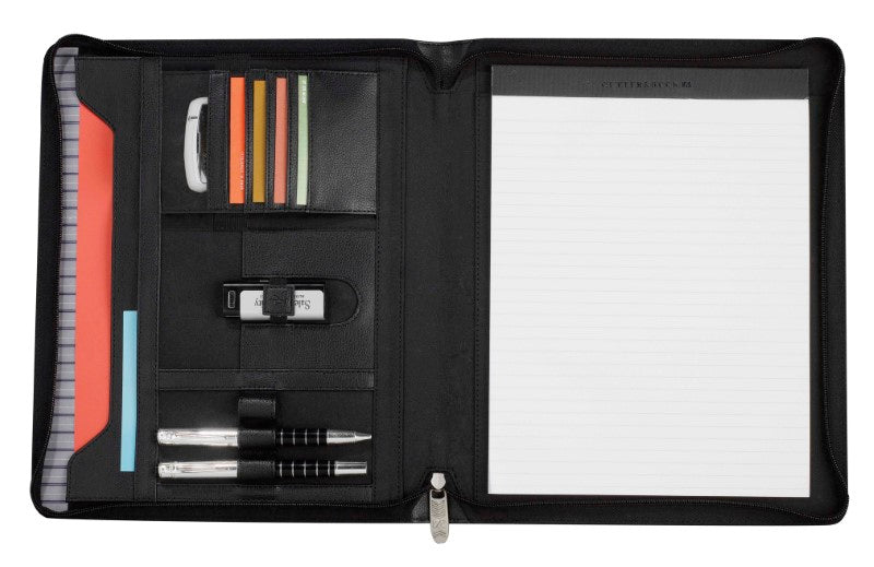 Stylish A4 zippered compendium in genuine Nappa leather, featuring organized pockets and a lined writing pad for professionals.