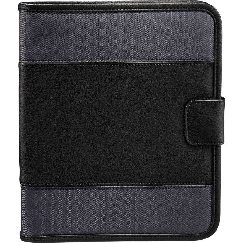 A5 tech pad folder with herringbone twill, leather accents, Velcro tablet holder, and magnetic closure for professionals.