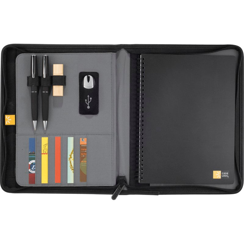 Sleek zippered tech journal with Ultrahyde exterior, holds tablet, includes organizer panel and lined journal.