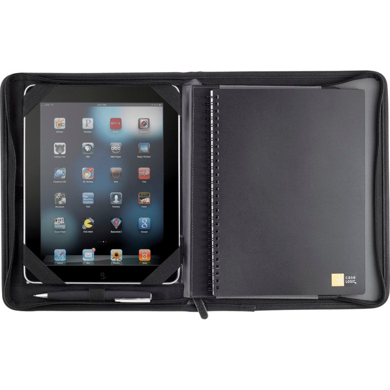 Textured Ultrahyde zippered tech journal with tablet holder, organiser panel, and spiral-bound lined notebook for professionals.