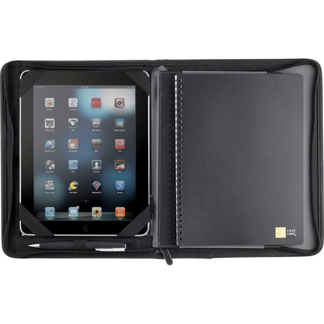 Textured Ultrahyde zippered tech journal with tablet holder, organiser panel, and spiral-bound lined notebook for professionals.