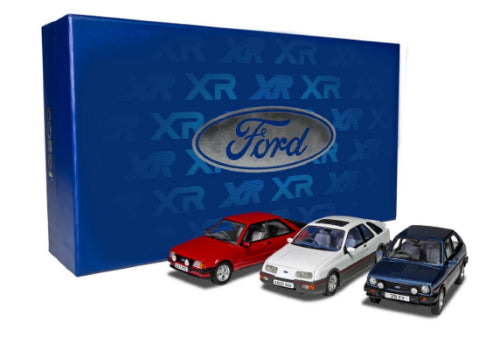 Diecast 1/43 Ford XR Collection featuring XR3i, XR2, and XR4i models, showcasing 1980s hot hatch design and performance.
