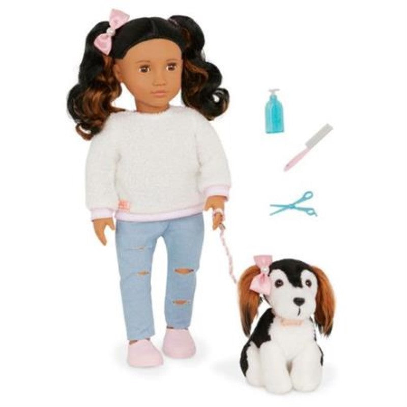 18-inch Our Generation doll Natassia wearing a stylish outfit, with her pet puppy Angel and fun grooming accessories.