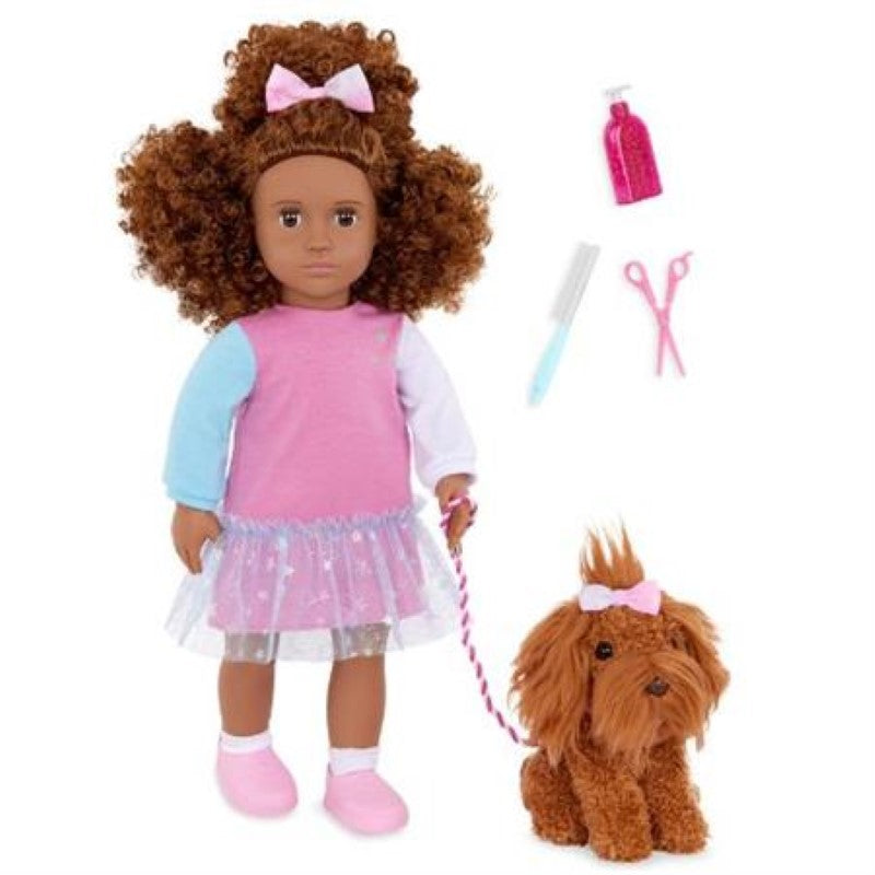 Our Generation Doll Safie (18") in trendy dress with her pet puppy Ginger and grooming accessories, perfect for imaginative play.