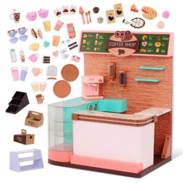 Our Generation Coffee Shop Set featuring an espresso machine, coffee accessories, and delicious treats for imaginative play.