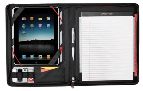 Compendium Elleven Large Zippered Padfolio with sleek design, zippered closure, and organizer for tablets, cards, and documents.