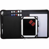 Textured zippered padfolio with tech trap, card holders, and pen loops for stylish organization and professional use.