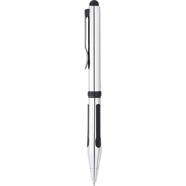 Elleven Triple Grip Ballpoint Stylus Pen with chrome body, black accents, rubber grips, and soft stylus end for touch screens.