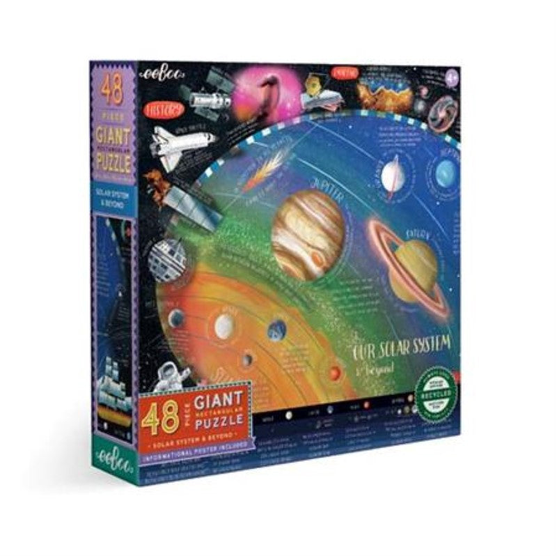 Colorful 48-piece floor puzzle depicting the Solar System, designed to educate and entertain, includes a reference poster.