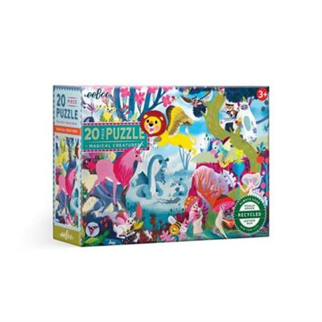 Colorful 20-piece eeBoo Magical Creatures Puzzle featuring whimsical Unicorn Forest illustrations for children aged 3 and up.