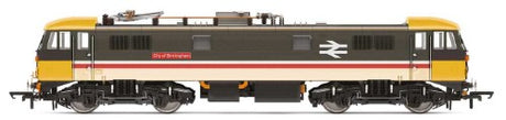 Detailed Hornby BR Cl.87 Bo-Bo 'City of Birmingham' model showcasing its iconic twin windscreen cab and accurate engineering.