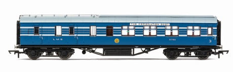 Model of the Hornby LMS Stanier D1905 Coronation Scot coach, showcasing detailed 1930s British railway design.