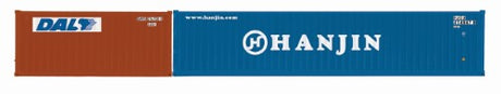 Hornby DAL & Hanjin Container Pack featuring a 20-foot and a 40-foot shipping container with vibrant Hanjin branding.
