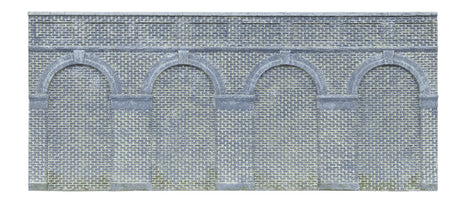 Mid level arched retaining wall set in engineers blue brick, designed for realistic model railway scenery.
