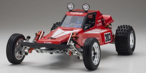 Retro R/C buggy Tomahawk, with aluminum chassis and oil shocks, delivers top performance and nostalgic racing style.