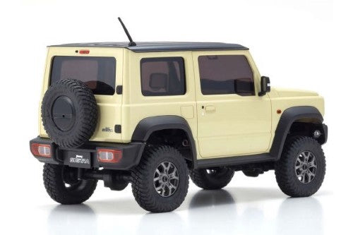 Detailed ivory Suzuki Jimny RC crawler with 4x4 chassis, perfect for off-road adventures and rock crawling.