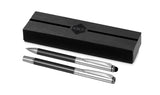 Elegant Luxe Vincenzo Pen Set featuring a roller ball and twist-action pen, in a stylish gift box with graphite and chrome finishes.