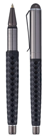 Luxe Tactical Grip Pen Set featuring aluminium ballpoint and rollerball pens with geometric detailing and sleek graphite barrels.