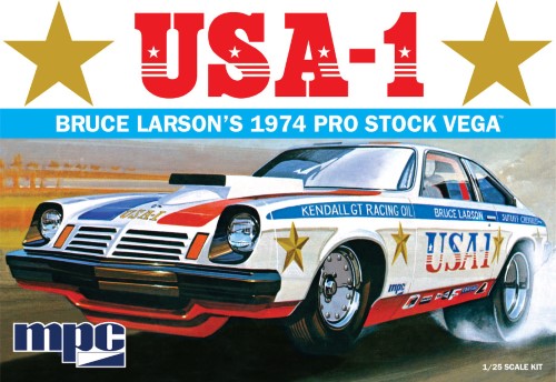 Detailed 1/25 scale model kit of the classic USA-1 '74 Pro Vega, perfect for drag racing enthusiasts and hobbyists.