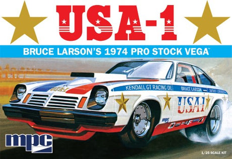 Detailed 1/25 scale model kit of the classic USA-1 '74 Pro Vega, perfect for drag racing enthusiasts and hobbyists.