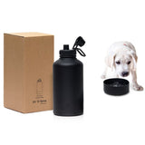 Extra-large insulated flask with copper-lined stainless steel, removable pet bowl, and leak-proof lid for outdoor hydration.