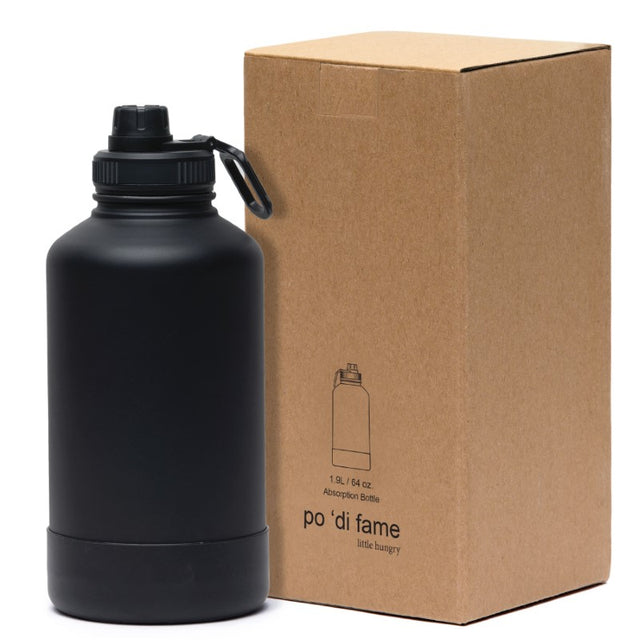 Insulated flask with 1.9L capacity, double-walled stainless steel, and removable base for pet bowl; perfect for outdoor adventures.