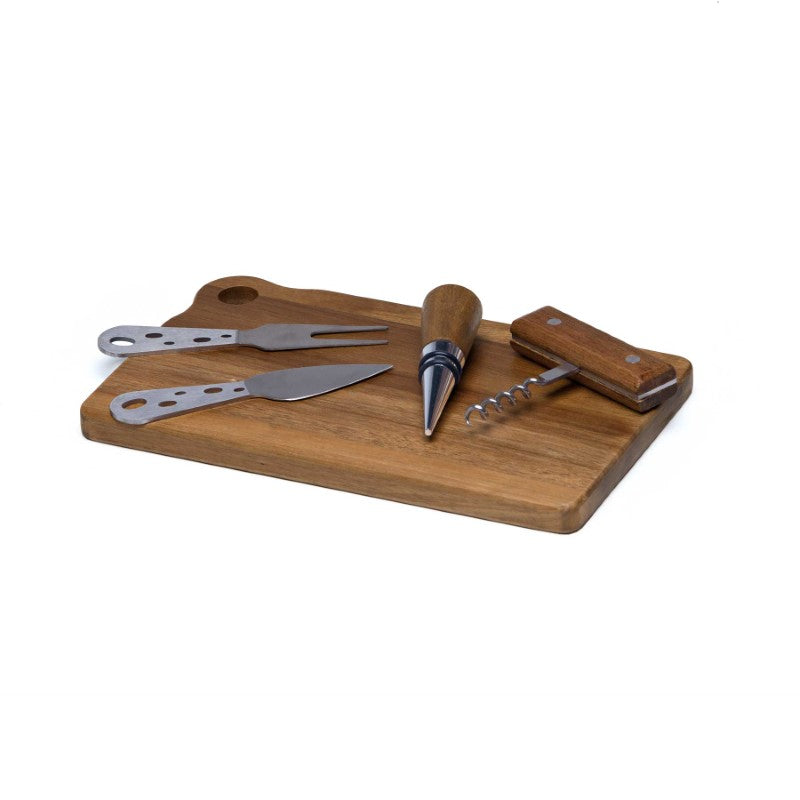 Apero Fromage Set featuring an acacia wood board with cheese knife, fork, corkscrew, bottle opener, and wine stopper in a gift box.