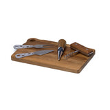 Apero Fromage Set featuring an acacia wood board with cheese knife, fork, corkscrew, bottle opener, and wine stopper in a gift box.