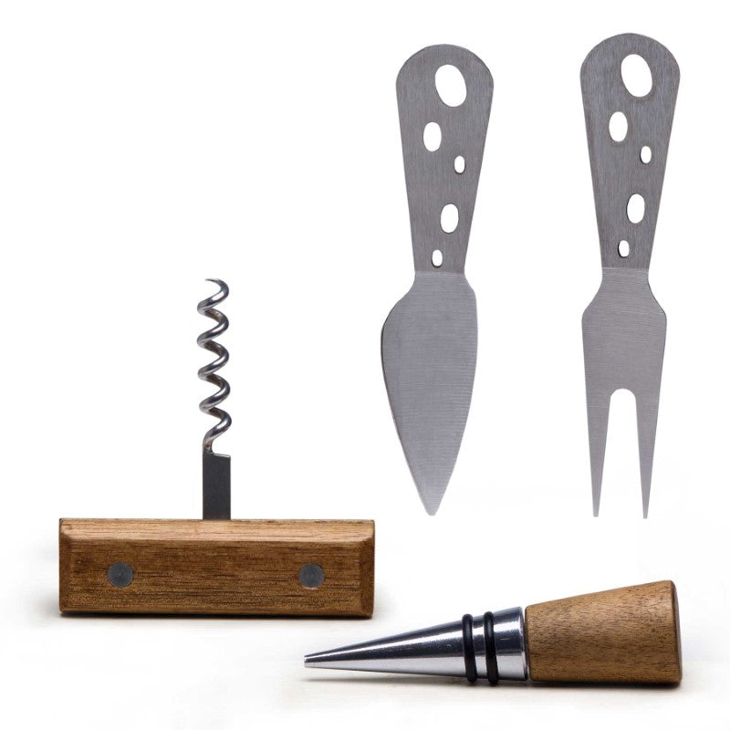 Elegant Apero Fromage Set featuring acacia hardwood cheese board and stainless steel accessories for wine and cheese entertaining.